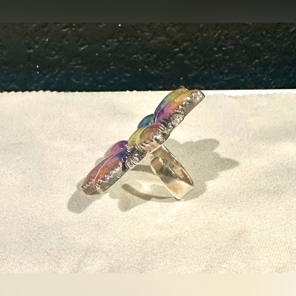 EUC Rainbow Quartz Faceted Flower Bust Sterling Silver Ring - Picture 11 of 13